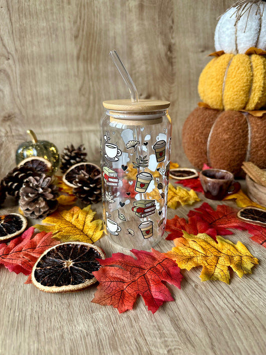 📚 🌿 Verre canette – Café, bouquins & feuilles d’automne