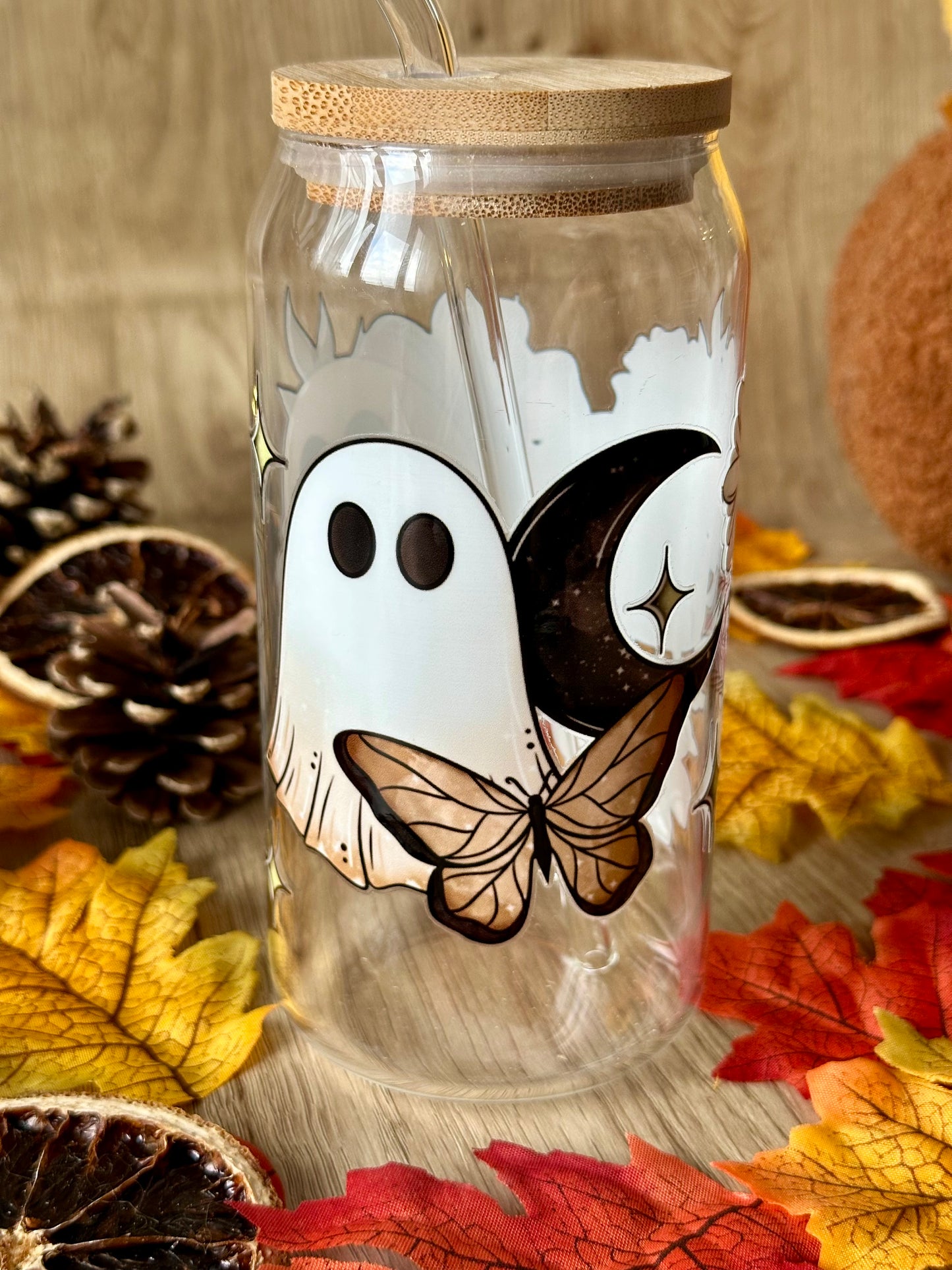 👻🌼 Verre canette – Fantôme fleuri & champignons rétro