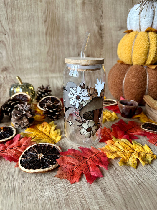 👻🌼 Verre canette – Fantôme fleuri & champignons rétro