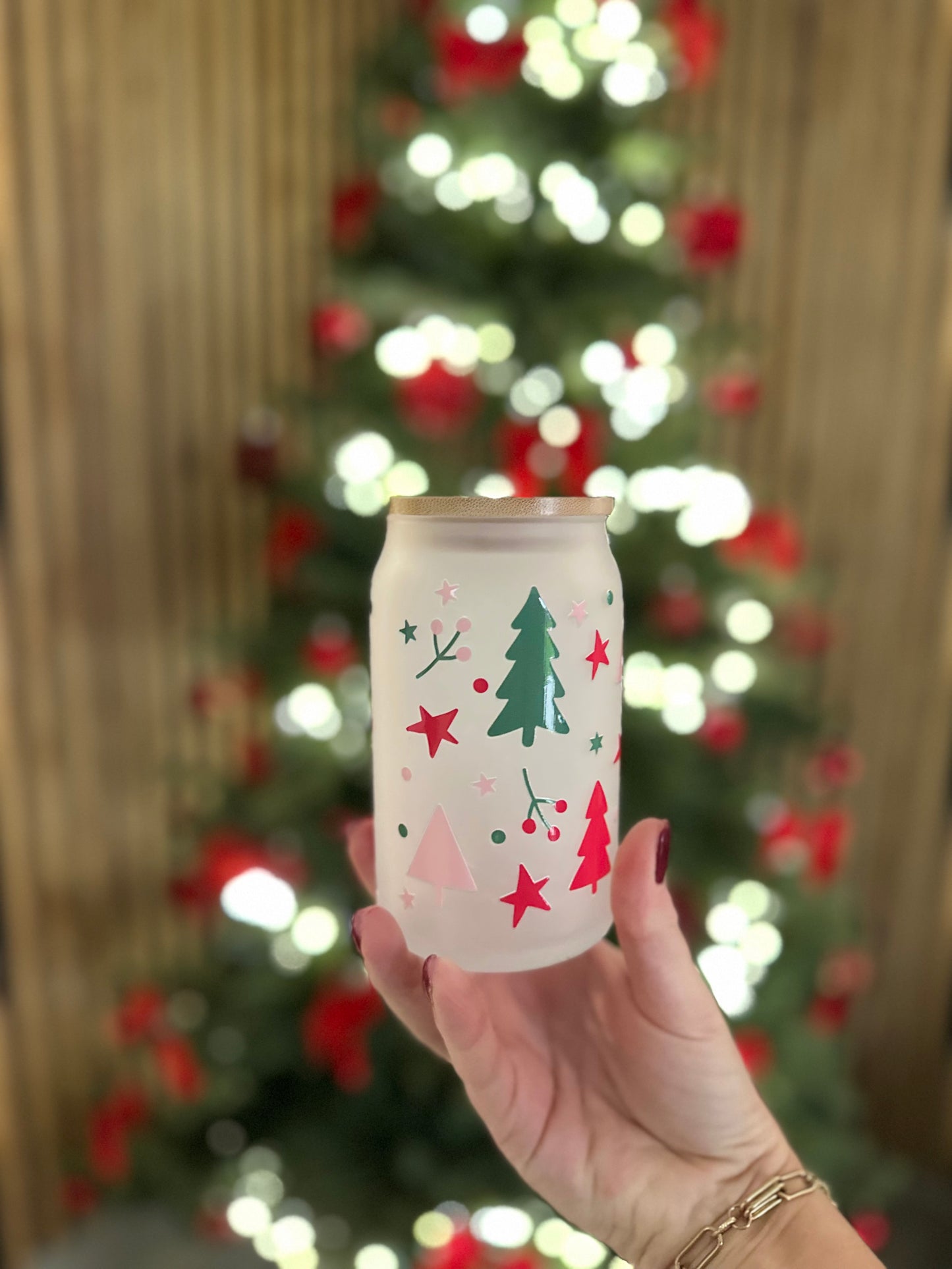 ✨ Verre canette givré – Pink & Green Christmas Trees