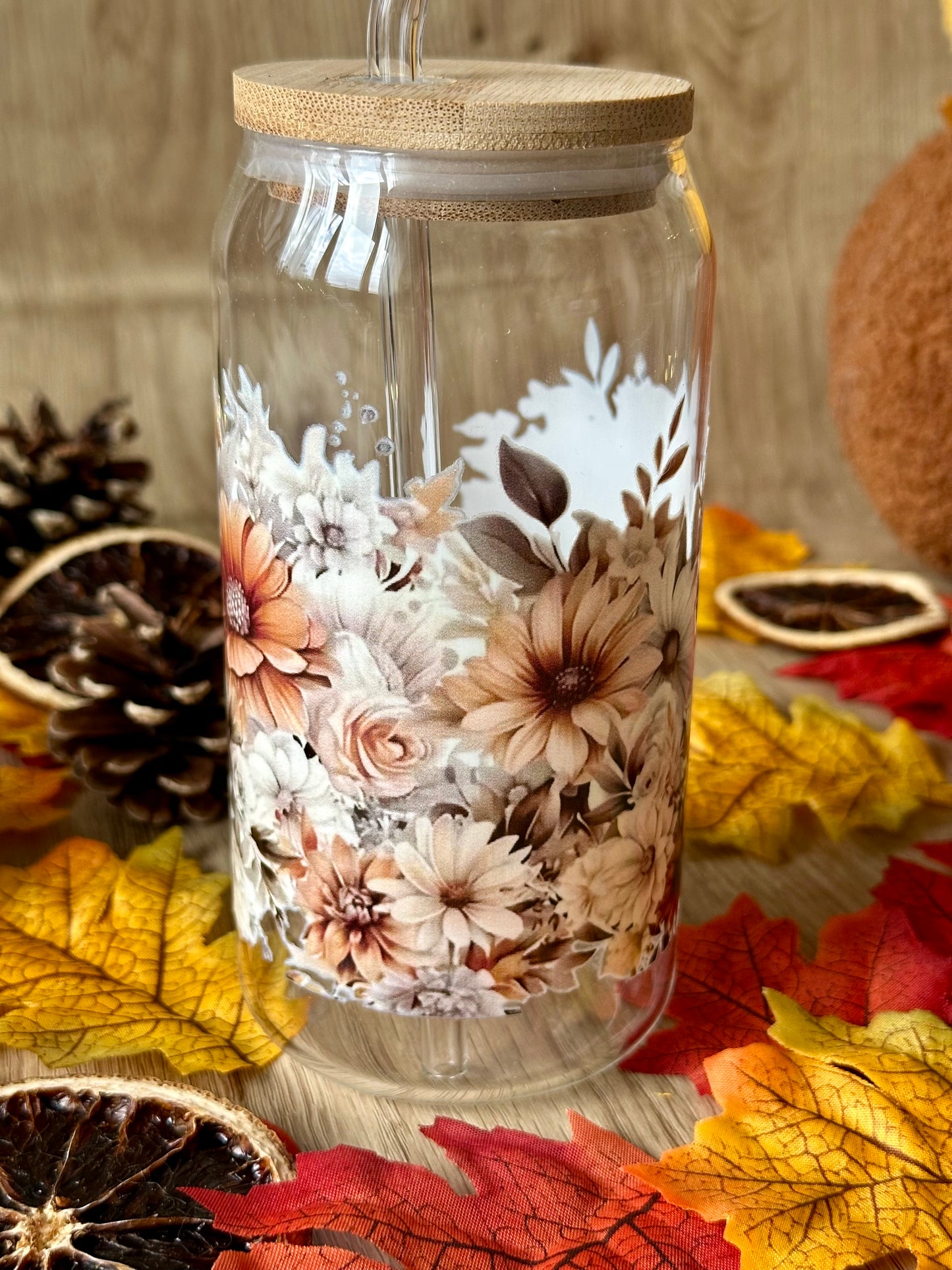 🌸 Verre canette – Bouquet rétro & fleurs séchées