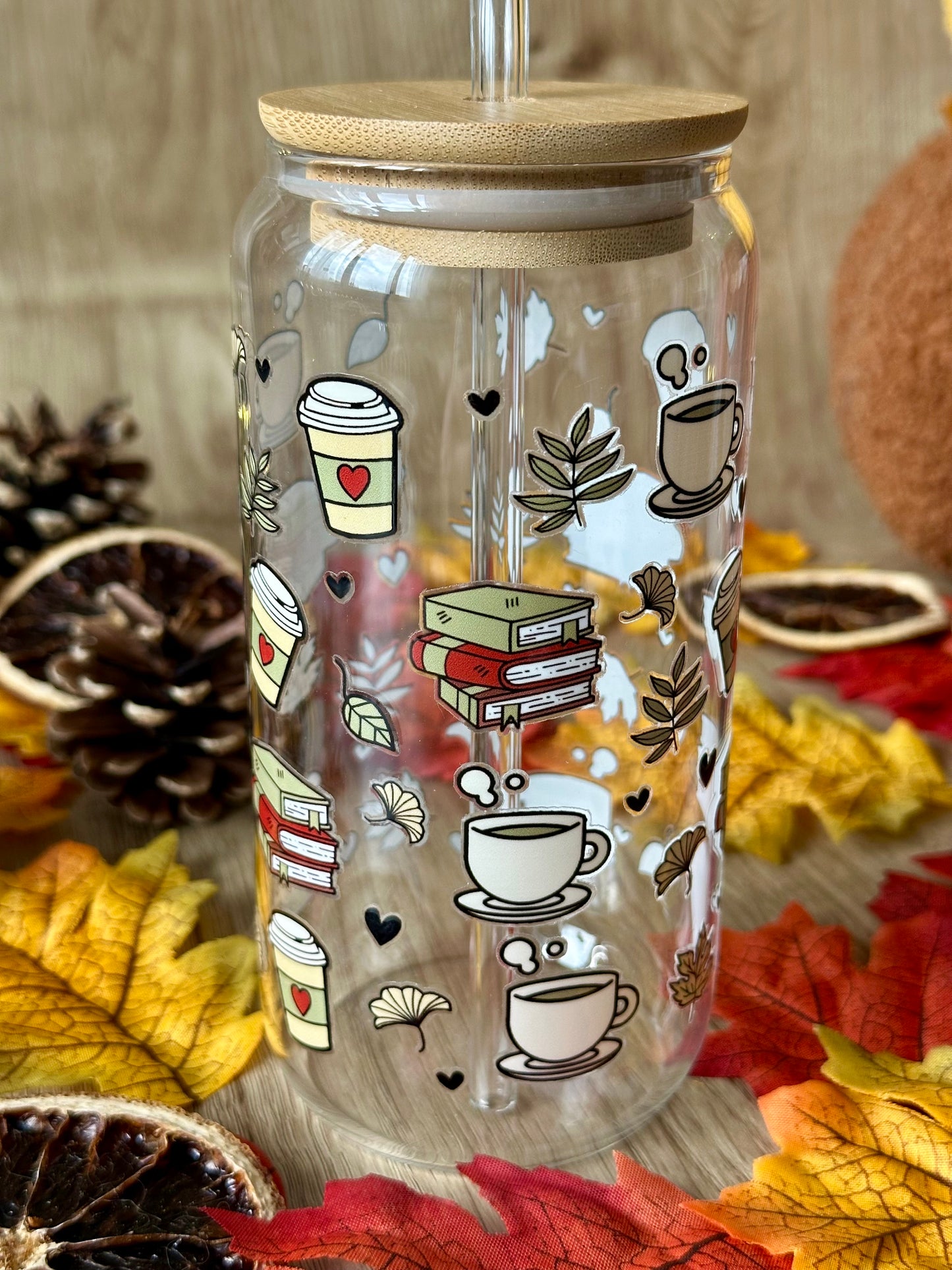 📚 🌿 Verre canette – Café, bouquins & feuilles d’automne