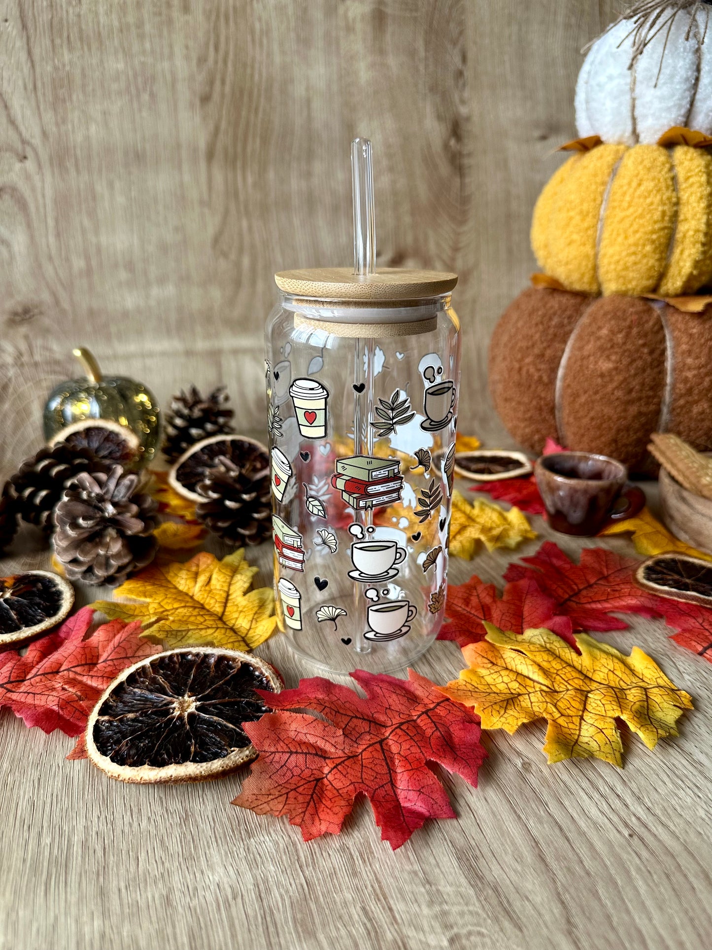 📚 🌿 Verre canette – Café, bouquins & feuilles d’automne