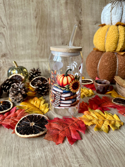 🎃📚 Verre canette – Citrouille, livres & tournesols