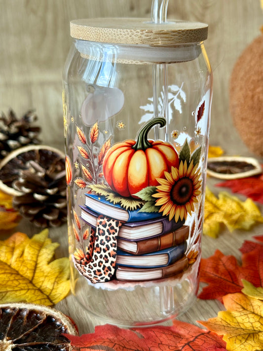 🎃📚 Verre canette – Citrouille, livres & tournesols