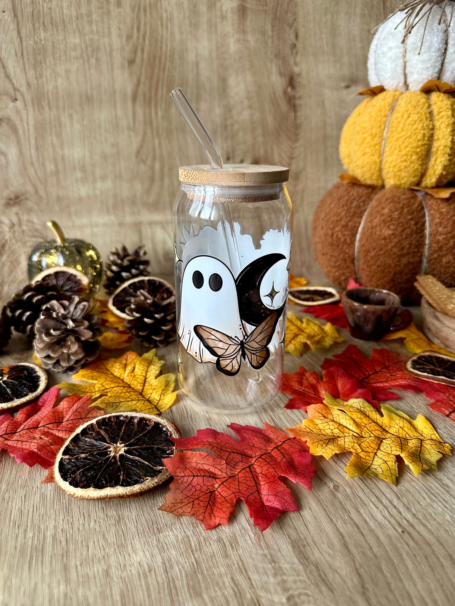 👻🌼 Verre canette – Fantôme fleuri & champignons rétro