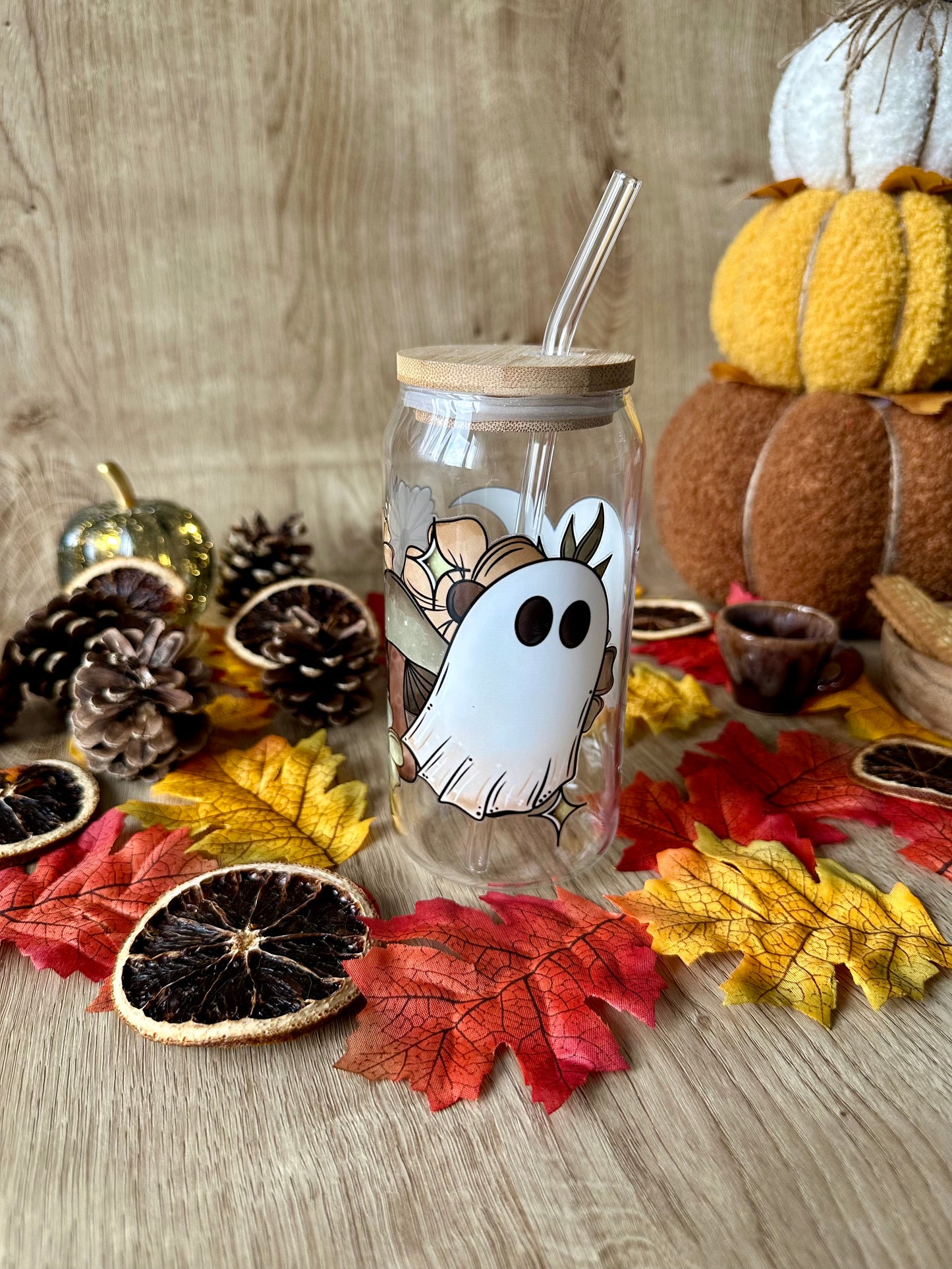 👻🌼 Verre canette – Fantôme fleuri & champignons rétro