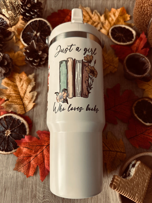📚🌸 Tumbler isotherme – Just a girl who loves books