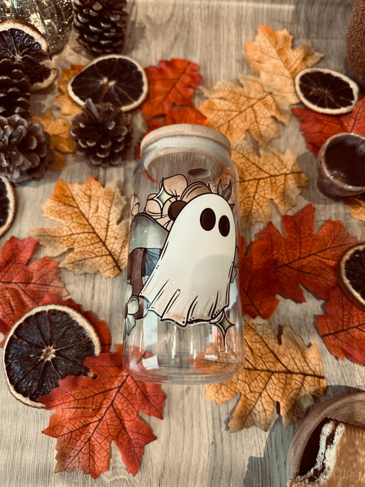 👻🌼 Verre canette – Fantôme fleuri & champignons rétro