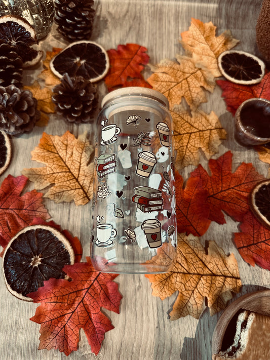 📚 🌿 Verre canette – Café, bouquins & feuilles d’automne